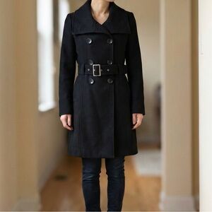 GUESS Black Wool Blend Coat Petite XS Double Breasted Belted Walking Jacket PXS